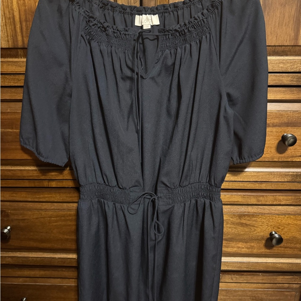 LOFT Navy Smocked Off-Shoulder Mini Dress